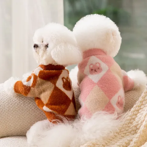 Thickened Autumn Winter Pet Sweater Warm Faux Mink Fleece Dog Clothes Plaid Tweed Style Cat Apparel Knitwear For Small Dogs Cats Comfort