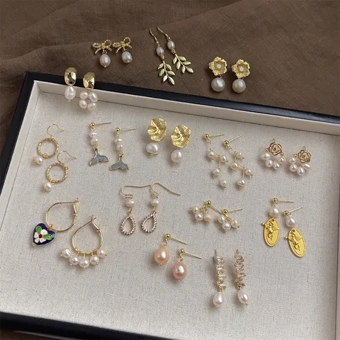Französisch Retro Süßwasserperlen Ohrhänger Mit 925 Sterling Silber Ohrstecker-Stift Für Damen Gold Strass Schmuck