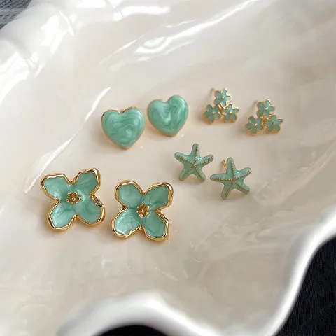 Frische Minzgrüne Ohrstecker Süße Blumen Herz Seestern Vergoldete Kupfer Ohrringe Mori Stil Schmuck Für Frauen