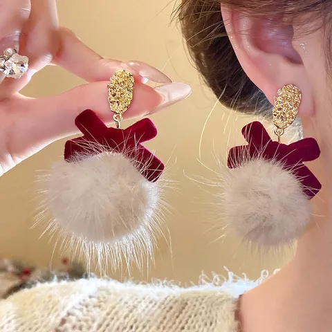 Vintage Beflockte Schleife Künstlicher Pelzball Hängeohrringe Für Damen 925 Sterlingsilber Stift Legierung Winter Rot Weiß Ohrringe Weihnachtsgeschenk