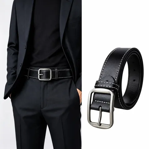 Ceinture en Cuir PU Décontractée pour Hommes Boucle Ardillon Affaires Polyvalent Mode Coutures de Contraste Ceinture pour Jeans Pantalons