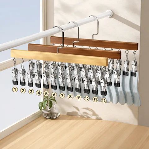 Solid Wood Multi Clip Hanger Pants Skirt Hat Storage Rack Retro Natural Wood Finish Closet Organizer Home Clothes Drying Rack