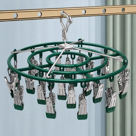 Stainless Steel Sock Drying Rack 24 Clips Round Laundry Hanger Windproof Rotating Multi-Function Underwear Organizer Balcony Home