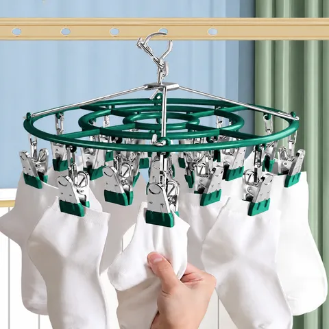 Stainless Steel Sock Drying Rack 24 Clips Round Laundry Hanger Windproof Rotating Multi-Function Underwear Organizer Balcony Home