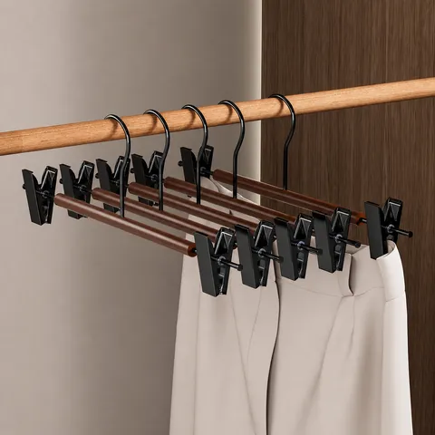 Gruccia per Pantaloni in Legno Massiccio e Metallo Stile Retro Morsetto Resistente con Clip Antiscivolo per Armadio di Casa
