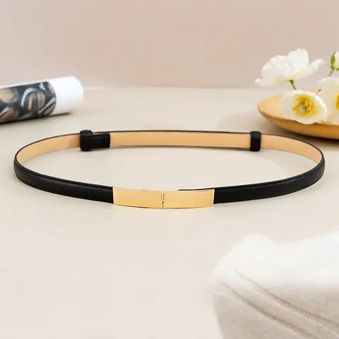Femme Fin Cuir PU Ceinture Or Boucle Métal Verrouillage Casual Robe Taille Sangle Mode Tendance Ceinture Accessoire
