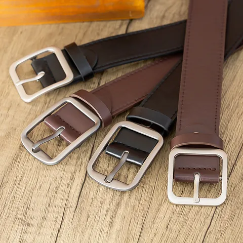 Ceinture Décontractée en Cuir PU Unisexe Boucle Ardillon Carrée Argent Mat Mode Affaires Quotidien pour Hommes et Femmes