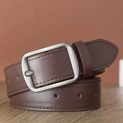 Ceinture Décontractée en Cuir PU Unisexe Boucle Ardillon Carrée Argent Mat Mode Affaires Quotidien pour Hommes et Femmes