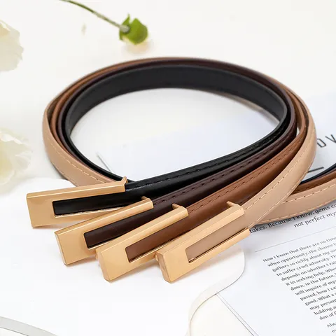 Ceinture Fine en Cuir PU Rétro Décontractée pour Femmes Ceinture de Taille Élégante et Minimaliste Boucle en Métal Doré