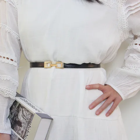 Ceinture Fine En Cuir PU Minimaliste Pour Femmes Élégante Bande De Taille Avec Boucle Ardillon En Alliage Géométrique Pour Robe Jupe Pull Manteau