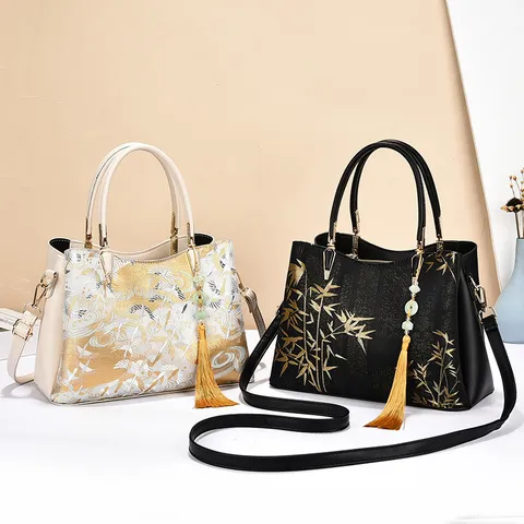 Women's Chinese Style Bucket Bag Large Capacity PU Leather Handbag Vintage Cloud Bamboo Print Crossbody Tote Bag