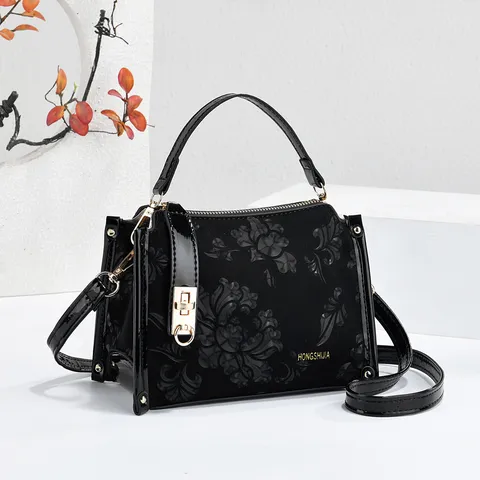 Women Floral Embossed PU Leather Top Handle Crossbody Bag Small Square Bag With Metal Lock Casual Commuter Handbag