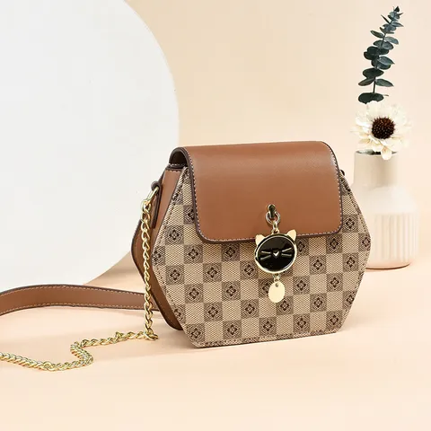 Γυναικείο Fashion Crossbody Bag από PU Δέρμα Romboido Moτιβο με Αλυσίδα Χαριτωμένο Γάτα Κρεμαστό Τσάντα Ώμου Casual Chic
