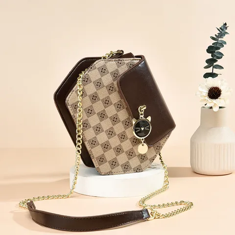 Γυναικείο Fashion Crossbody Bag από PU Δέρμα Romboido Moτιβο με Αλυσίδα Χαριτωμένο Γάτα Κρεμαστό Τσάντα Ώμου Casual Chic