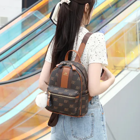 Vintage PU Leather Geometric Print Large Capacity Backpack For Women Multi Compartment Travel Daypack Casual Style Fashion School Bag