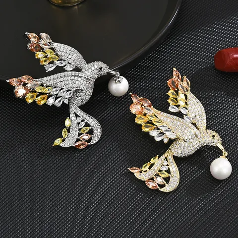 Broche de Paloma de la Paz Lujoso Diamante de Imitación Degradado Perla Artificial Cobre Broche Pin Joya Regalo Mujer
