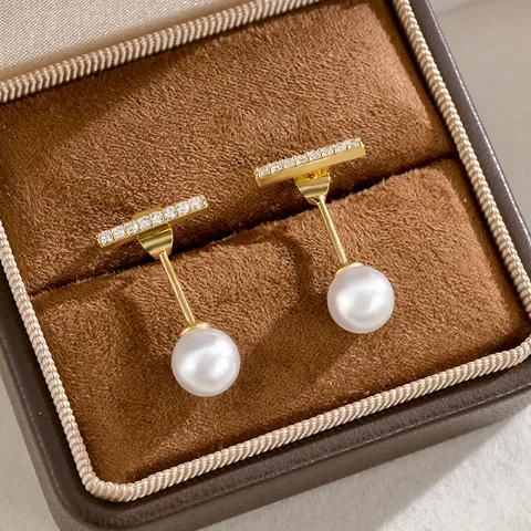 Minimalista Chapado en Oro Strass Perla Barra Pendientes de Botón Con Poste de Plata de Ley 925 Elegante Joya de Mujer