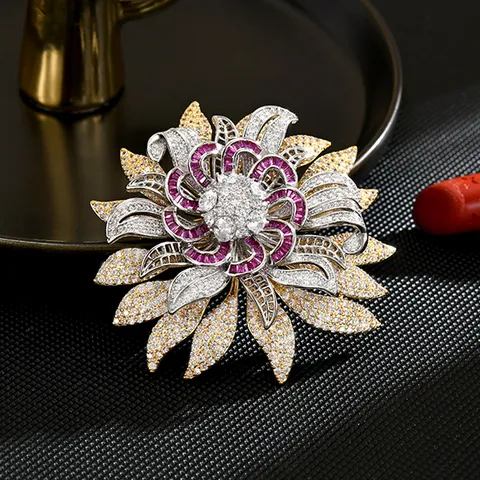 Nea Kineziki Retro Anthomeno LouLoudi Brooch High-End Design Chalkos Zirkonia Stras Gynaikeia Polyteleia Axouar Rouxon
