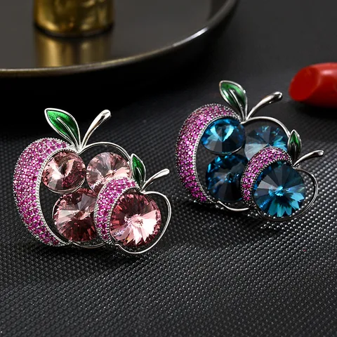 Broche de Manzana de Cristal Exquisito Pin de Solapa de Cobre Zirconia Corsage de Traje Elegante Regalo de Joyería de Moda Para Mujeres