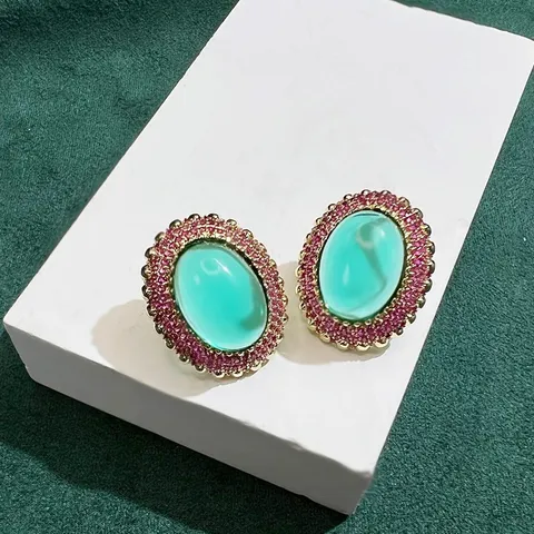 Pendientes de Botón de Piedra Verde Ovalada Vintage Cobre Chapado en Oro Poste de Plata de Ley 925 Strass Joyería