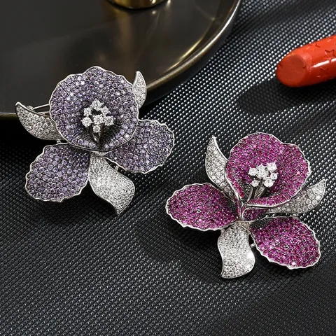 Broche de Orquídea de Lujo Alfiler para Mujeres Elegante Cobre Zirconia Floral Traje Chaqueta Vestido Accesorios Moda Joyería Regalo