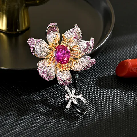 Elegant Gradient Zirconia Lotus Dragonfly Brooch Copper Rhinestone Crystal Fashion Lapel Pin Jewelry Gift For Women