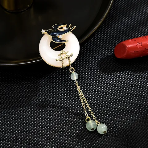 Vintage Swallow Courtyard Tassel Brooch Zircon Enamel Peace Buckle Pin Fashion Clothing Jewelry For Women