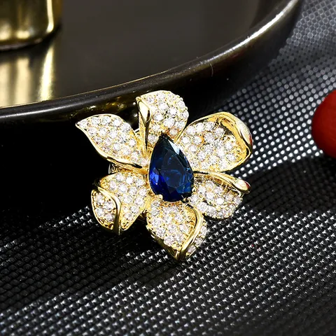 Elegant Floral Magnetic Brooch Pin For Women Rhinestone Blue Gem Shirt Anti-Glare Collar Fastener Fashion Jewelry Gift
