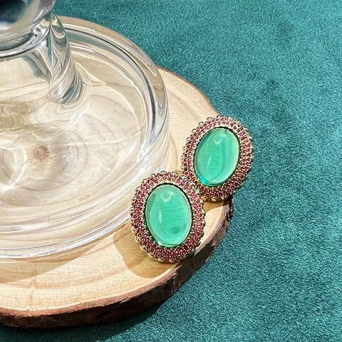 Pendientes de Botón de Piedra Verde Ovalada Vintage Cobre Chapado en Oro Poste de Plata de Ley 925 Strass Joyería