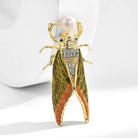 Broche de Cigarra de Cobre Ecológico Perla de Agua Dulce Circonita Elegante Pin de Insecto de Moda Regalo de Joyería Para Mujeres