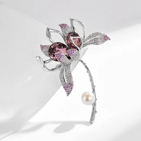 Elegante Broche de Flor de Cristal Cobre Plateado Diamantes de Imitación Perla Antirreflejos Alfiler Corsage Regalo Joyería de Moda