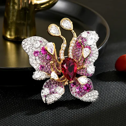 Luxus Kubisches Zirkon Schmetterling Brosche Für Damen Elegant Gold Rot Kristall Strass Mantel Pin Mode Schmuck Geschenk