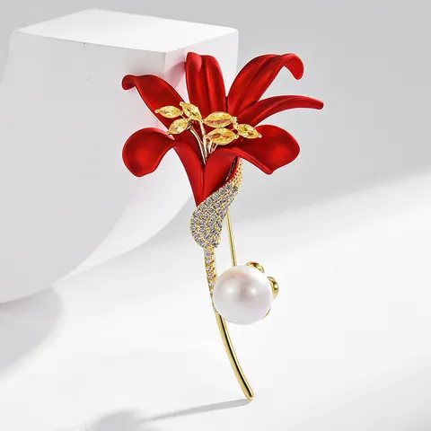Elegante Broche de Flor de Lirio Cobre Circonia Perla Artificial Esmalte Galvanizado Joyería de Moda Regalo Para Mujeres