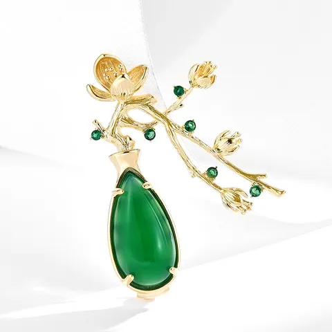 Elegant Chinese Style Chalcedony Plum Blossom Vase Brooch Pin Copper Gold Plated Fashion Jewelry Accessories For Women