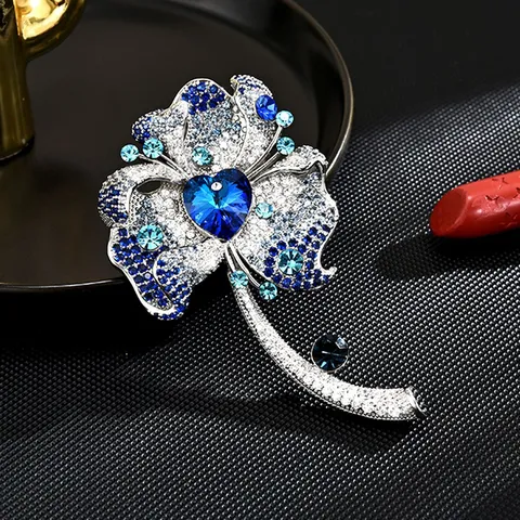 Elegant Luxury Blue Flower Brooch Zircon Rhinestone Crystal Corsage Pin Fashion Jewelry Accessories For Women