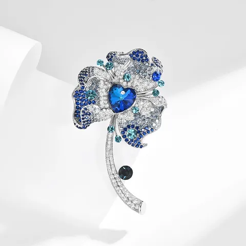Elegant Luxury Blue Flower Brooch Zircon Rhinestone Crystal Corsage Pin Fashion Jewelry Accessories For Women