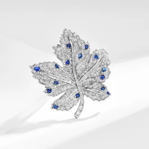 Elegant Zircon Maple Leaf Brooch Silver Plated Blue Stone Suit Coat Pin Women Jewelry