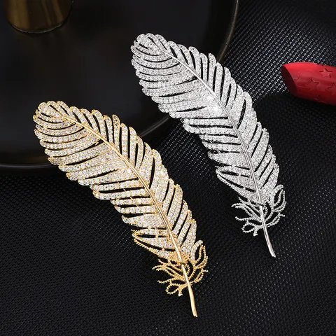 Broche de Pluma de Lujo Pin para Mujer Cobre Estrás Traje Abrigo Vestido Cuello Accesorios Joyería de Moda Regalo