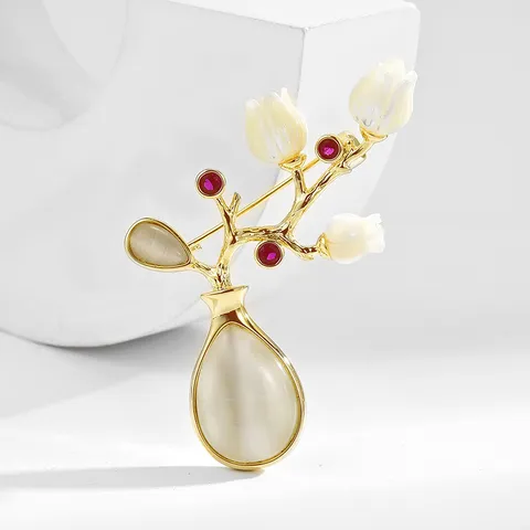 Vintage Vase Brooch Pin Gold Plated Copper Imitation Cat's Eye Shell Flower Rhinestone Brooches Jewelry For Women
