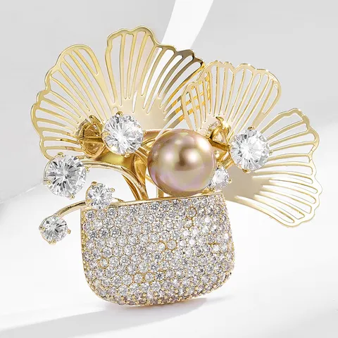 Broche de Cesta de Flores de Hoja de Ginkgo Cobre Chapado Strass Perla Artificial Broches Pin Joyería de Moda Para Mujeres