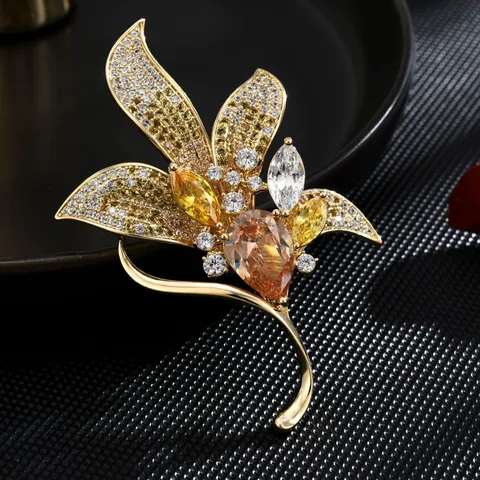 Broche de Hoja de Planta de Cobre Zirconia Moda Lujo Colorido Strass Flor Abrigo Accesorios Joyería Para Mujeres