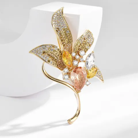 Broche de Hoja de Planta de Cobre Zirconia Moda Lujo Colorido Strass Flor Abrigo Accesorios Joyería Para Mujeres