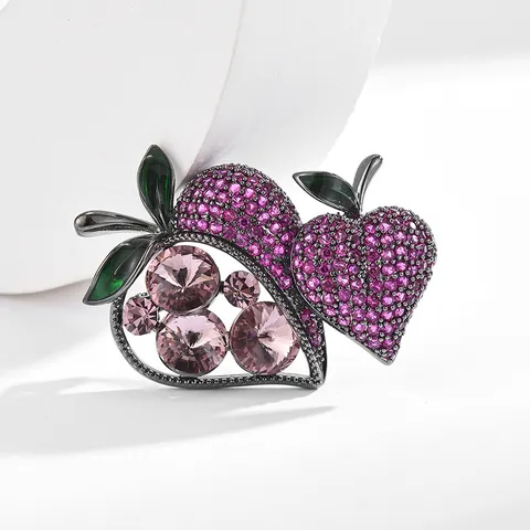 Elegante Broche de Doble Fresa de Cobre Circonita Incrustada Diamante de Imitación Hoja Esmaltada Pin Joyería de Moda Regalo Para Mujeres