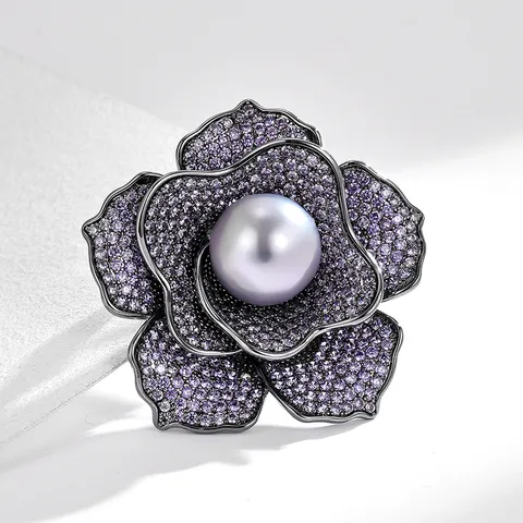 Elegante Broche de Flor de Circonia Púrpura de Cobre de Lujo para Mujer Perla Artificial Gris Pin Floral Accesorios de Ropa
