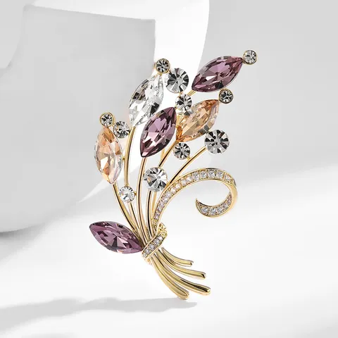 Broche de Ramo de Cobre Chapado en Oro para Mujer Elegante Broche de Flor de Circonia Accesorios de Ropa Joyería para Banquete