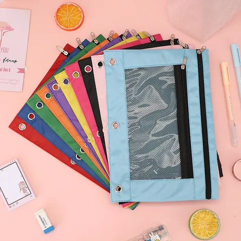 Trousse à Crayons en Tissu Oxford pour Reliure à 3 Anneaux Grande Capacité Sac à Documents Zippé Avec Fenêtre en Maille pour Fournitures Bureau