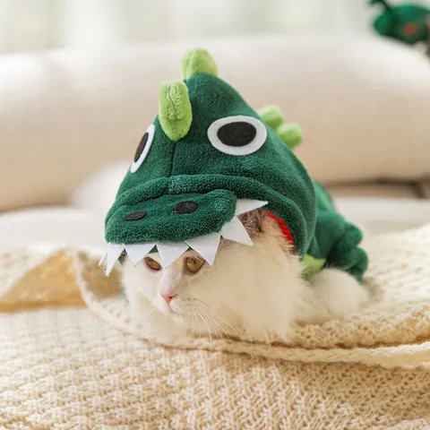 Pet Dinosaur Costume Warm Flannel Four-Legged Clothes Cute Hooded Fleece Apparel For Small Dogs Cats Winter Outfit
