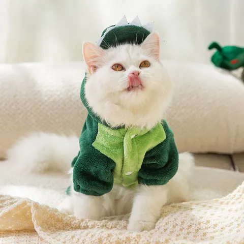 Pet Dinosaur Costume Warm Flannel Four-Legged Clothes Cute Hooded Fleece Apparel For Small Dogs Cats Winter Outfit