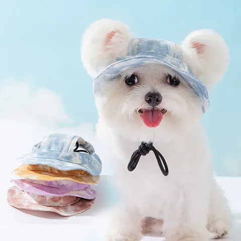 Chapeau de Pêcheur Protection Solaire pour Animaux Mignon Chat Chien Chapeau de Soleil Extérieur Trous d'Oreilles Respirants Cordon Réglable