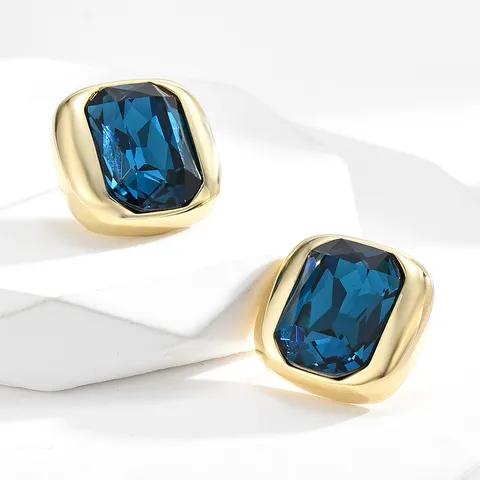 Pendientes de Botón de Cristal Cuadrado Geométrico Retro Francés Con Poste de Plata de Ley 925 Cobre Joyería de Moda para Mujeres